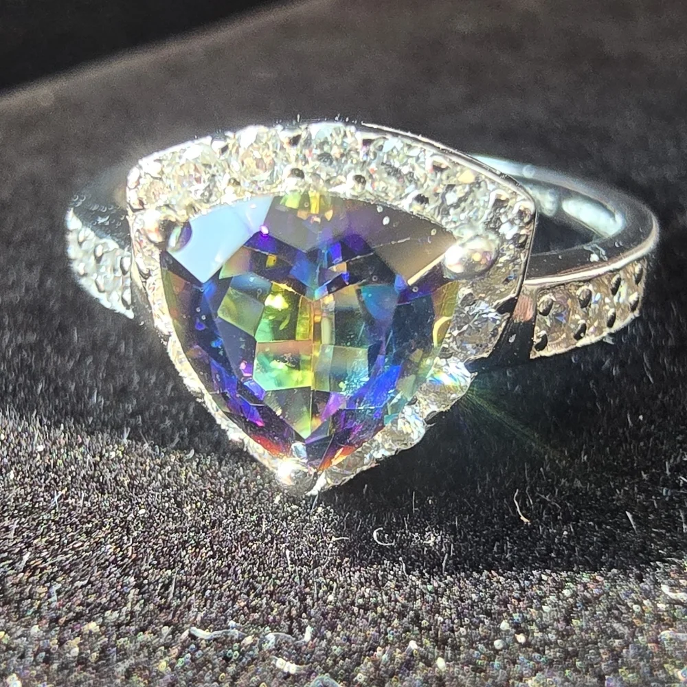 Mystic Topaz Rainbow Trilliant (Trillion) Cut 925 Sterling Silver Ring Pave